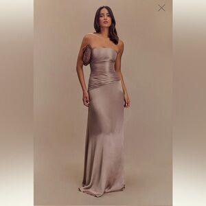 Meshki Strapless Satin Gown in Taupe